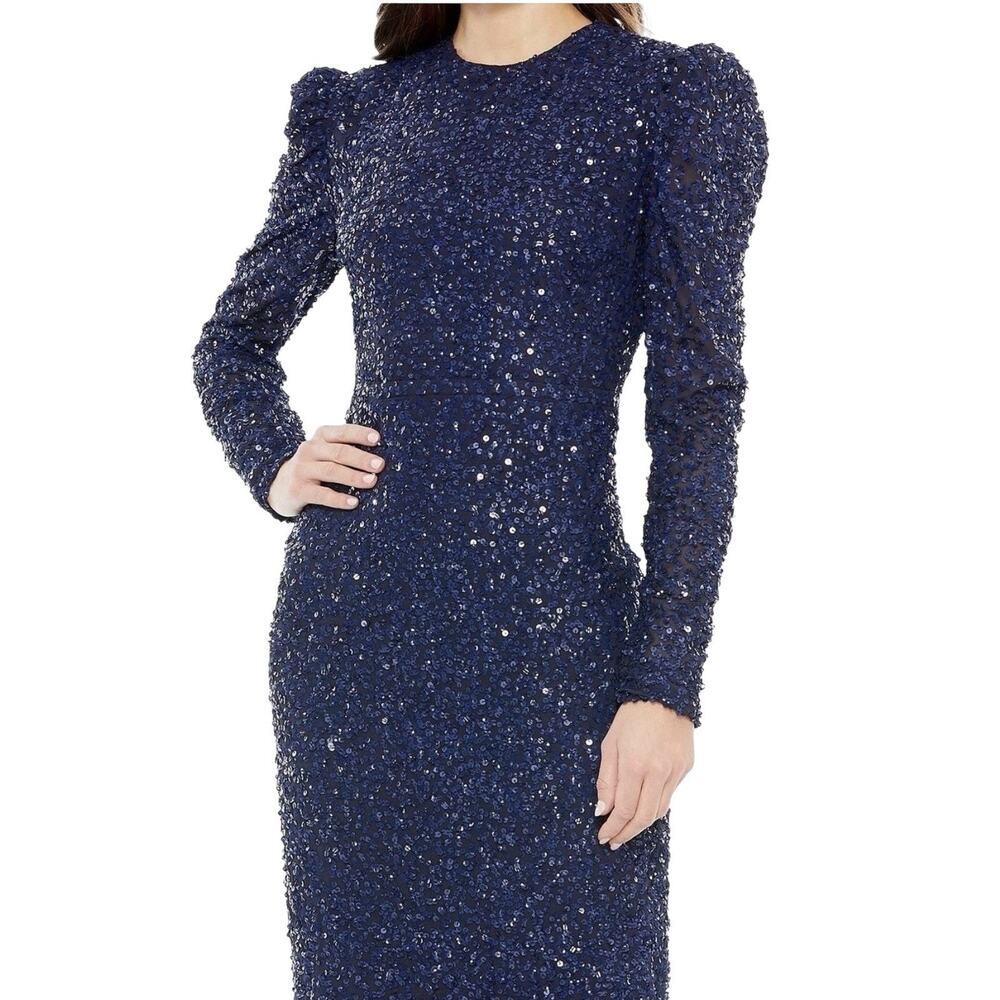 Mac Duggal 10865 Midnight Sequin Long Sleeve Puff Shoulder Dress Size 14 $398 - Picture 2 of 8